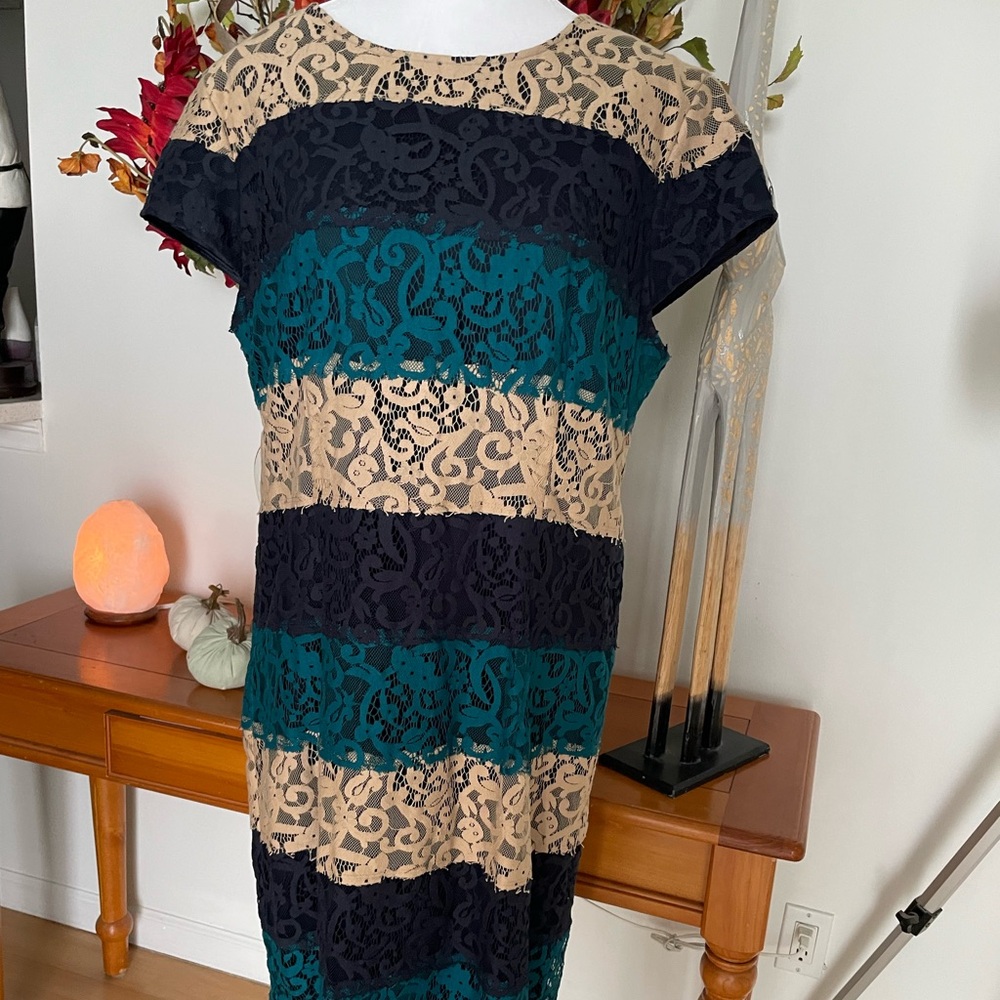 Ann Taylor Lace Striped Midi Dress in Navy, Teal, and Tan
